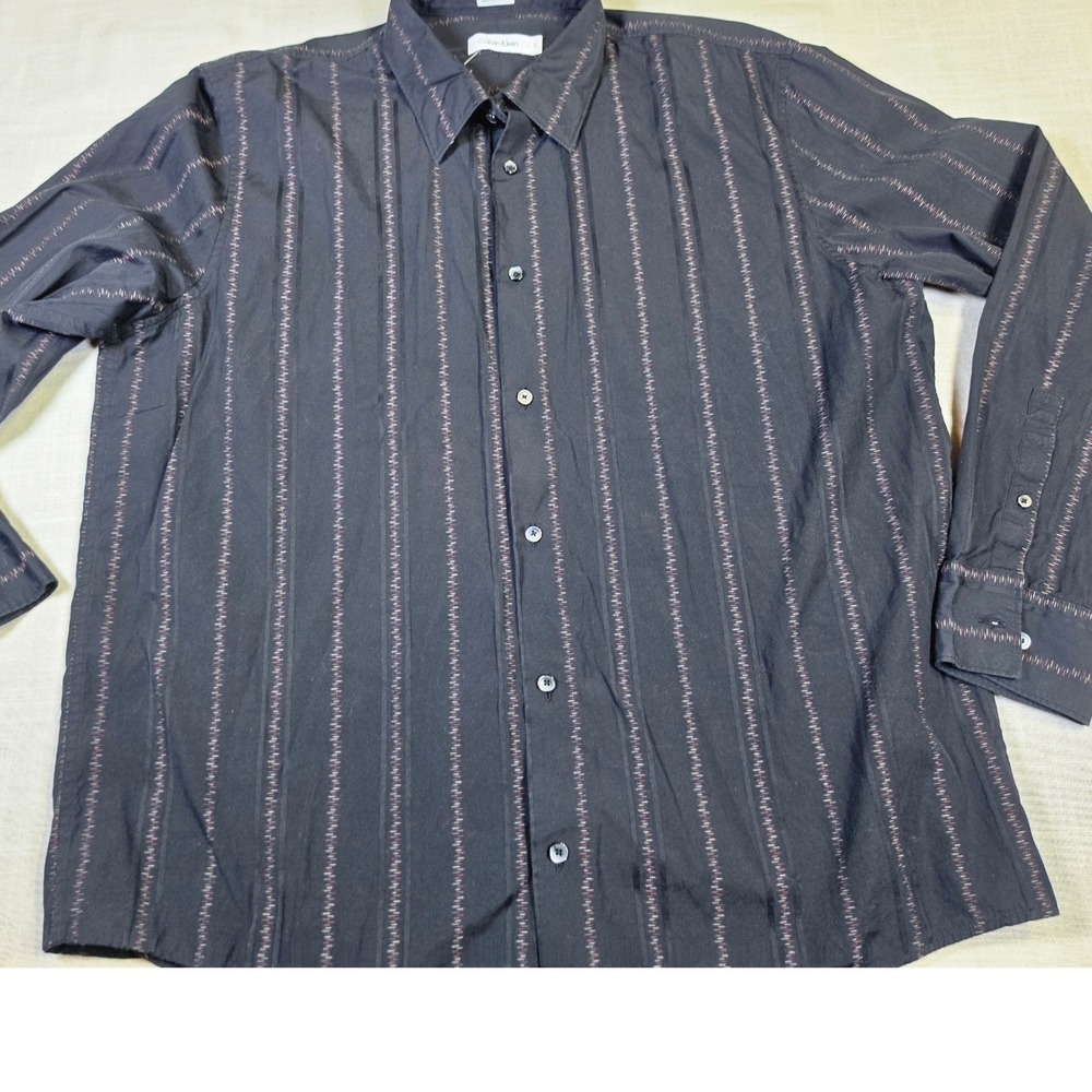 Calvin Klein Mens XL Black Dobby Stripe Long Sleeve Button Down Cotton Shirt
